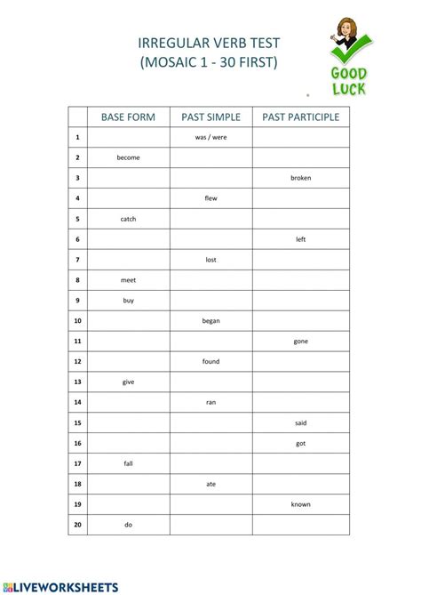 Ejercicio De Irregular Verbs Exam Mosaic First Verbos