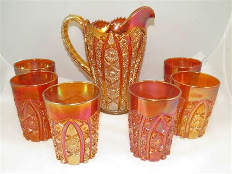 7pc Imperial Octagon Carnival Glass Water Juice Pitcher 6 Tumblers
