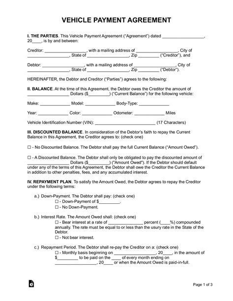 Car Payment Agreement Template Free Web Auto Dues Payment Agreement
