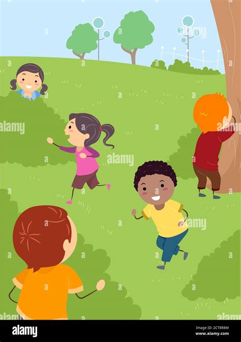 Illustration Of Stickman Kids Playing Hide And Seek In The Park Stock