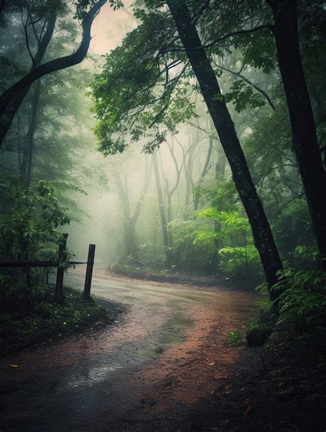 Muddy Dirt Path Through Natural Park On A Humid Foggy Day Stock