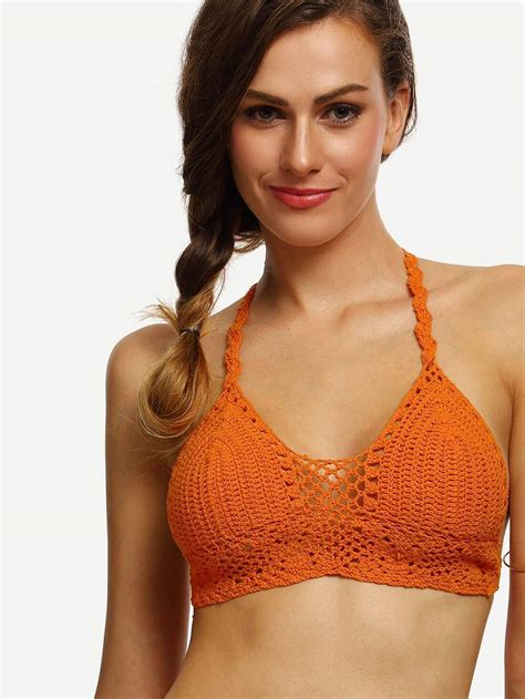 Orange Hollow Out Crochet Bikini Top Shein Sheinside