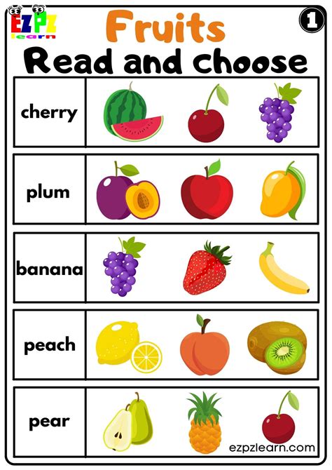Fruits Read And Choose Worksheet For Esl And K5 Kindergarten Free Pdf