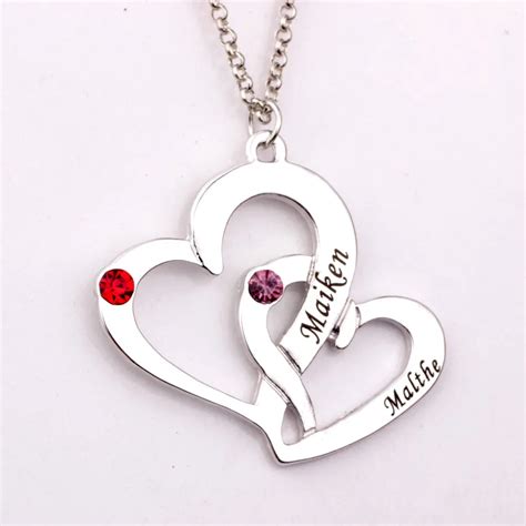Engraved Two Heart Necklace With Birthstones New Arrival Birthstones