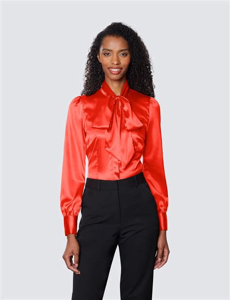 women s paprika fitted luxury satin blouse pussy bow hawes and curtis