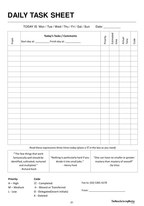 Daily Task Sheet Template Download Printable PDF | Templateroller