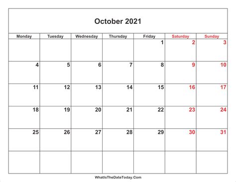 October 2021 Calendar With Weekend Highlight Whatisthedatetodaycom