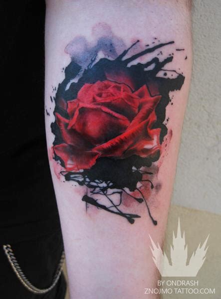 An Abstract Watercolor Tattoo Of A Red Rose Flower By