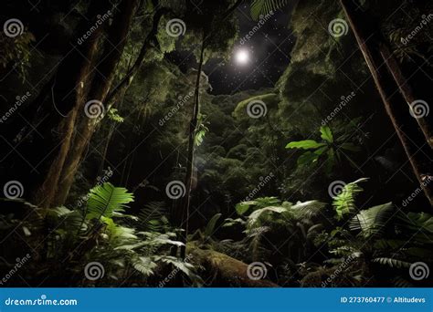 Dark Rainforest At Night With Stars And Moon Shining Brightly Stock