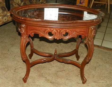 Solid Walnut Carved Coffee Table With Glass Serving Tray Ct6 Post 1950