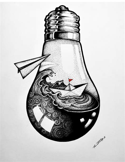 Do you have trouble rubbing out your drawings when you make a mistake? Dotwork, light bulb with boat (With images) | Stippling ...