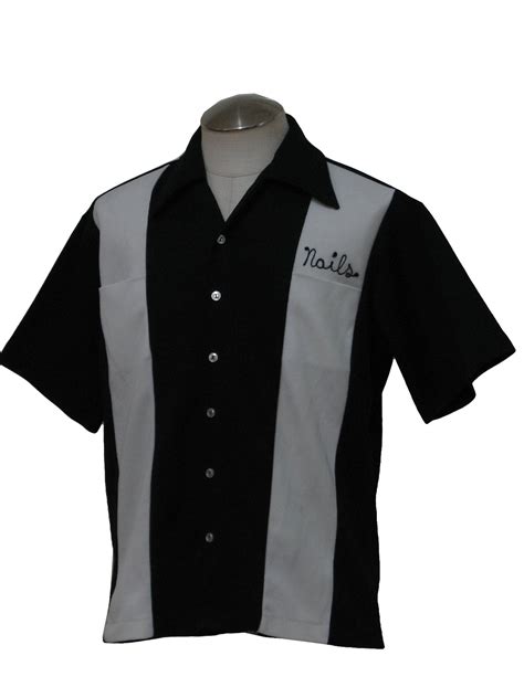 Retro 1970s Bowling Shirt 70s No Label Mens Black White Polyester