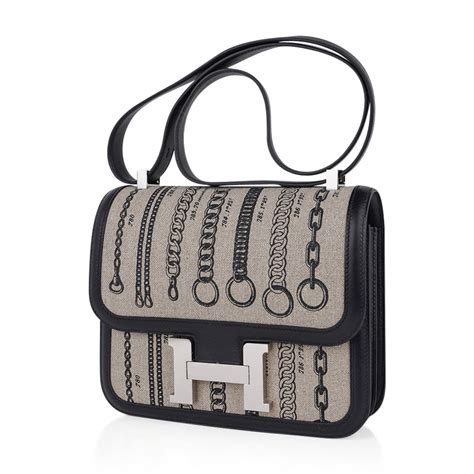 Hermes Constance 24 Bag De Camp Dechainee Toile And Black Swift Leathe Mightychic