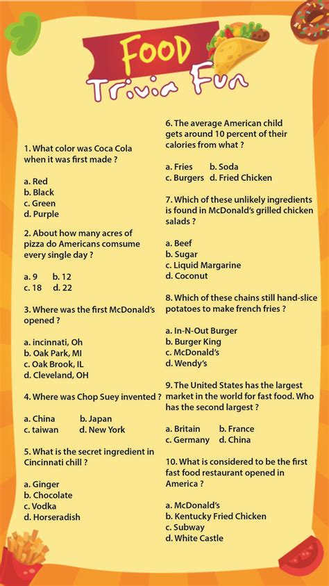 Printable Food Trivia Questions And Answers Fun Trivia Questions