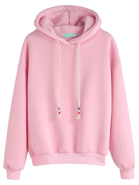 Pink Drop Shoulder Drawstring Hooded Sweatshirt Hooded Sweatshirts