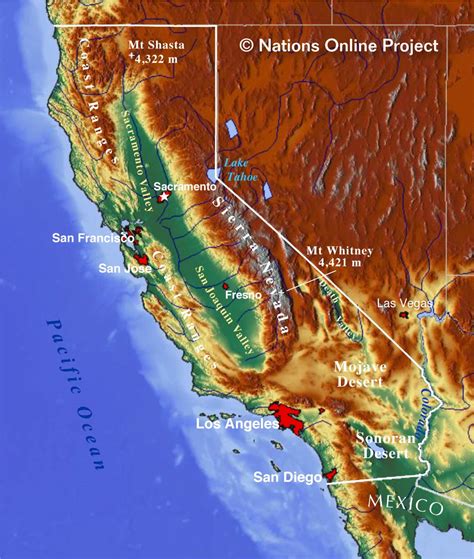 California Map With Mountains Rivers And Lakes
