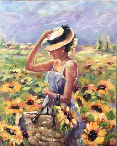 Original Oil Painting Women In Field Of Sunflowers X Modern