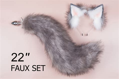 Gray And White Faux Fur Fox Tail Plug And Ear Wolf Tail Buttplug And E