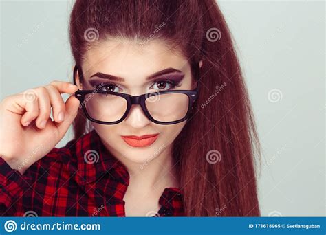 Woman Pulling Her Glasses Down Green Stock Photos Free Royalty Free