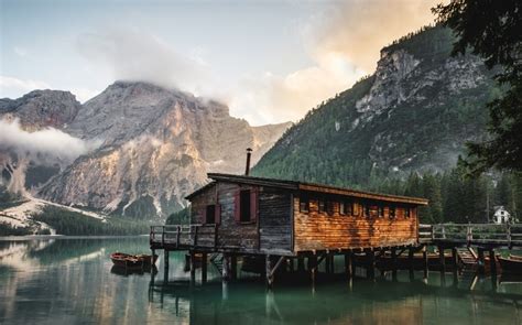 Nature Trees Water House Italy South Tyrol Boat Mountains Lake Pragser