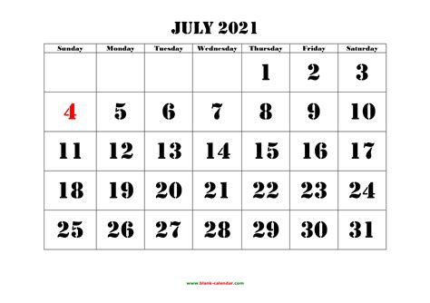 Free Download Printable July 2021 Calendar Large Font Design
