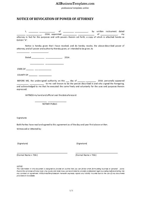 Revocation Of Power Of Attorney Template