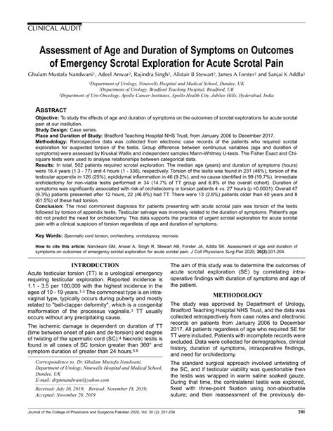 Pdf Assessment Of Age And Duration Of Symptoms On Outcomes Of Emergency Scrotal Exploration