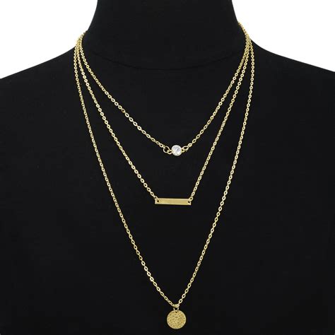 Gold Tone Triple Layer Pendant Necklace Bellechic