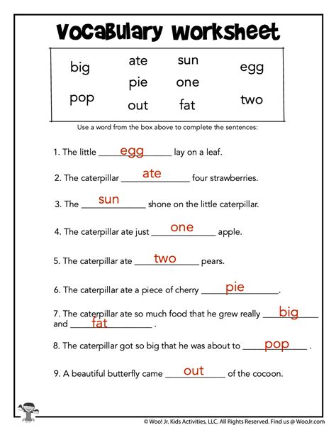Vocabulary Worksheet Answer Key Woo Jr Kids Activities Children