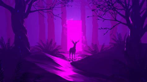 Wallpaper Deer Silhouette Dark Forest Portal Blue And Purple