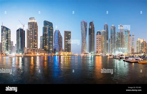 Skyline Of Skyscrapers At Night In Marina District Of Dubai United Arab