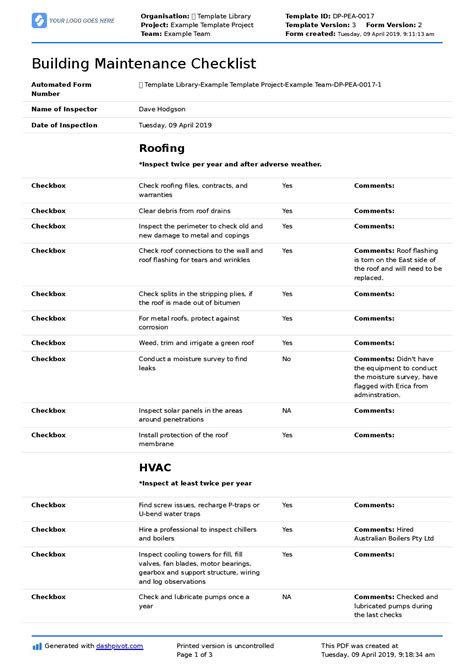 Free Building Maintenance Schedule Template Free Printable Templates
