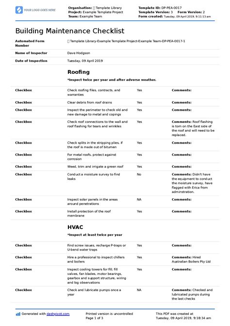 Building Maintenance Checklist Template Free PRINTABLE TEMPLATES