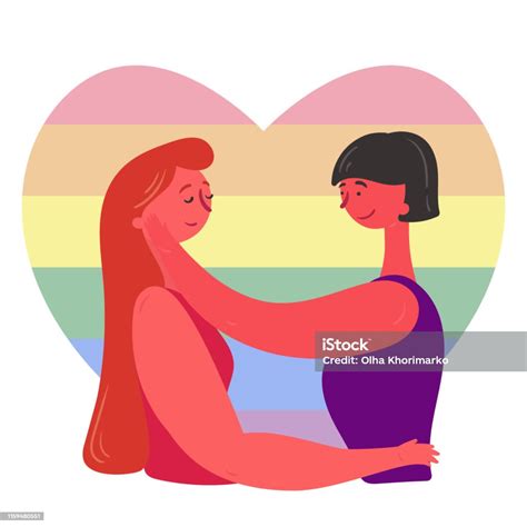 Loving Couple Lesbians Hug Lgbt Flag Background Stock Illustration