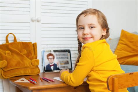 Adorable Little Girl Student Learning At Home Stock Image Image Of