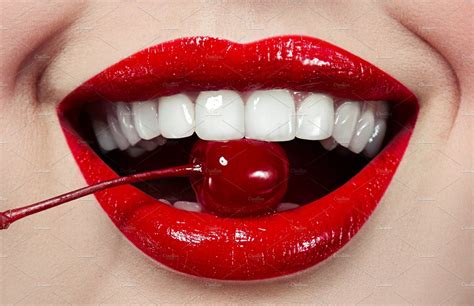 Cherry In The Mouth Red Lips White Teeth Lips