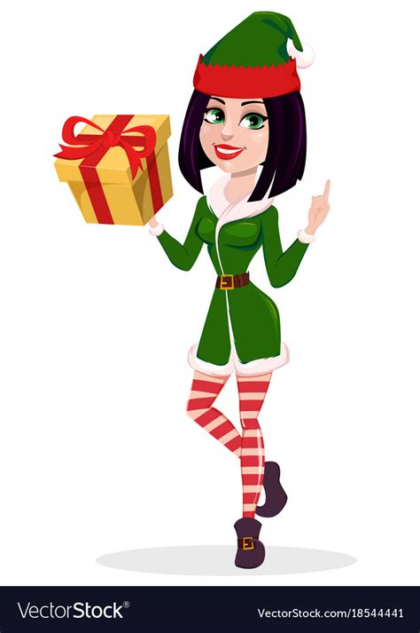 merry christmas elf woman holding yellow t box vector image
