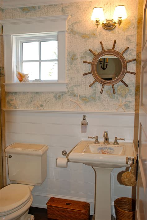Rearrangeable wall photo collage, no wall damage. Ralph Lauren Wallpapered Powder Room. Great nautical ...