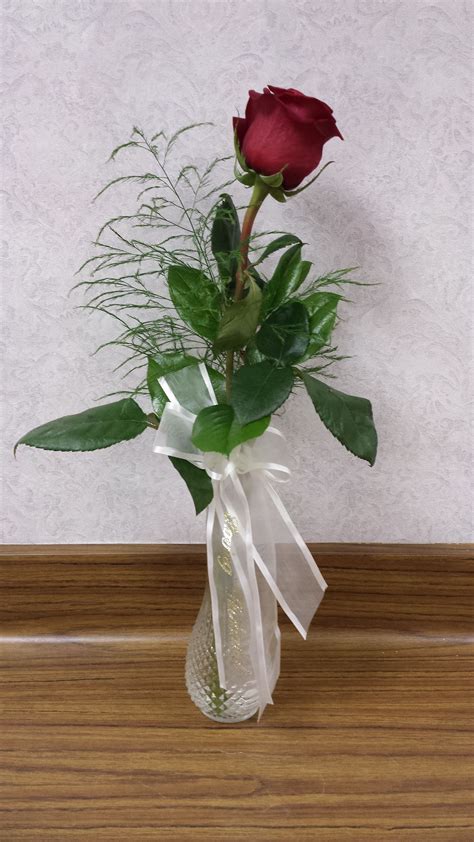 Single Red Rose In A Bud Vase With Greens Flower Arrangements