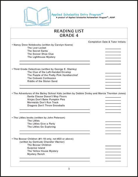 Reading List Grade 4 Applied Scholastics Online
