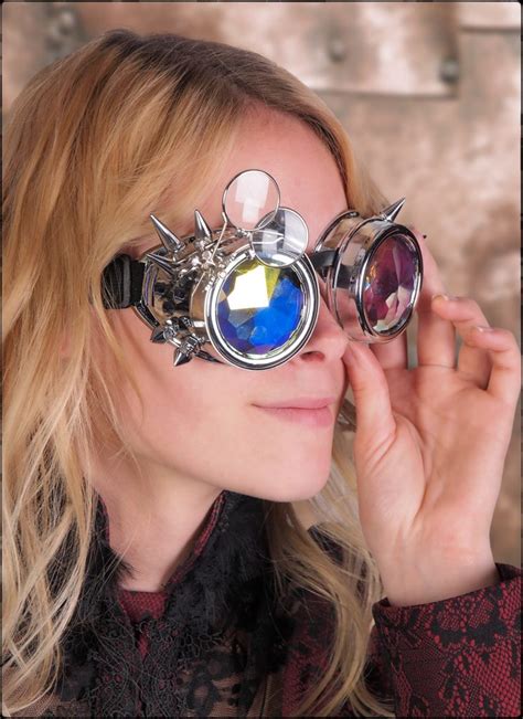 69101 Silver Steampunk Spike Goggles With Magnifying Glasses And