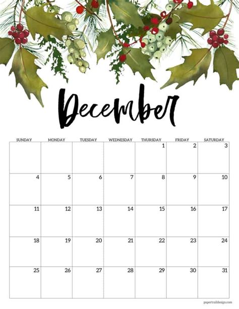Free 2022 Calendar Printable Floral Paper Trail Design December