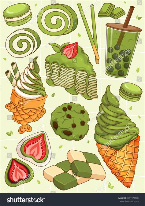 Japanese Matcha Dessert Recipes Illustration Vector Matcha Ice Cream