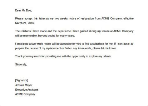 Editable Two Weeks Notice Letter