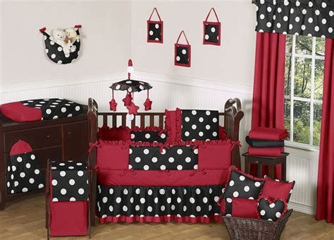 The victoria 3 piece baby crib bedding set includes quilt, crib skirt and pink fitted sheet with white dots. Unique red black and white luxury designer girl room baby ...