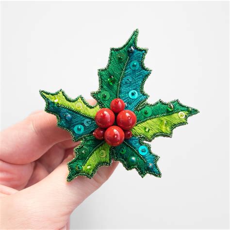 Christmas Holly Leaf Brooch Pin Holly Berries Shawl Pin Christmas