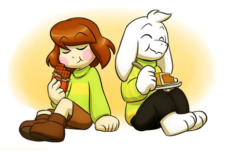 Undertale Images Chara Eating A Chocolate Bar And Asriel Eating A Slice