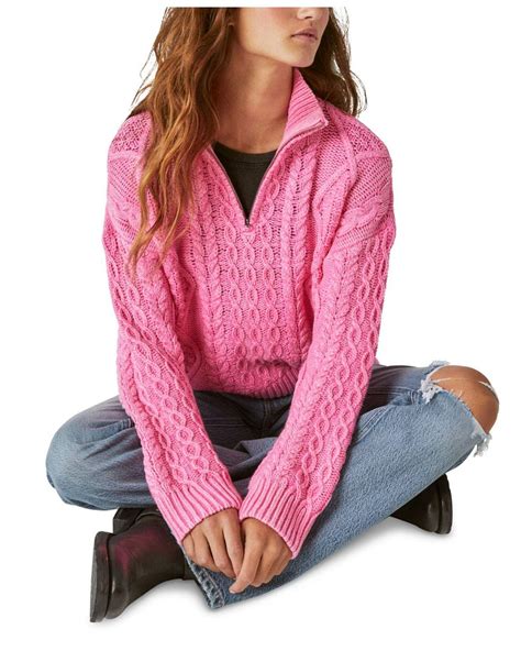 Lucky Brand Cable Knit Quarter Zip Sweater In Pink Lyst
