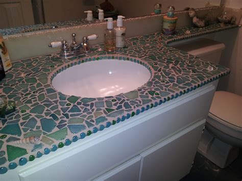 Sea Glass And Shells Mixed Media Mosaic Bathroom Countertop By Marianas Mosaics Glass Tile