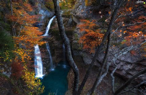Waterfall Rocks Trees Canyon Autumn River Viewes For Phone